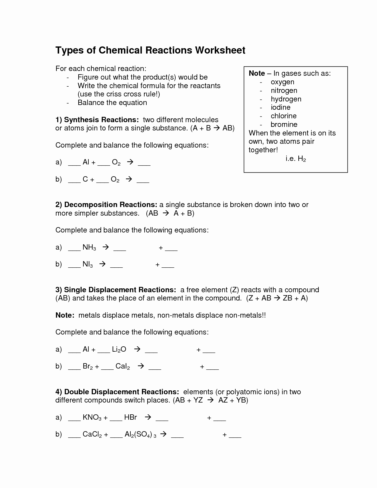 Chemical Reaction Type Worksheet Elegant 16 Best Of Types Chemical Reactions Worksheets
