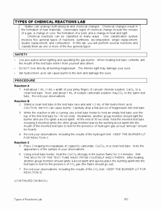 Chemical Reaction Type Worksheet Inspirational Types Of Chemical Reactions Lab Worksheet for 9th 12th