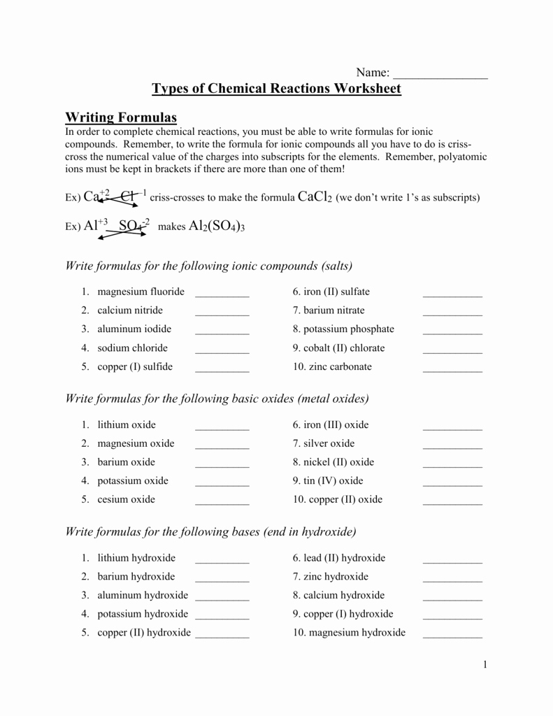 Chemical Reaction Type Worksheet Inspirational Types Of Chemical Reactions Worksheet