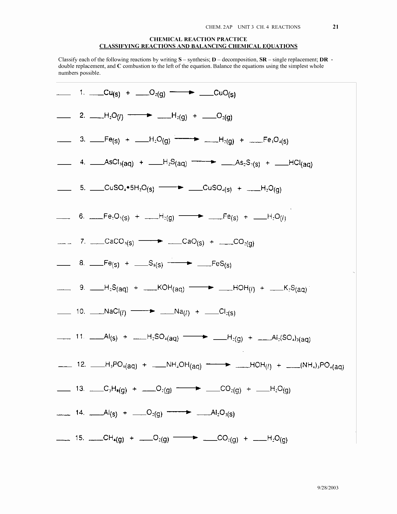 Chemical Reaction Type Worksheet Lovely 16 Best Of Types Chemical Reactions Worksheets