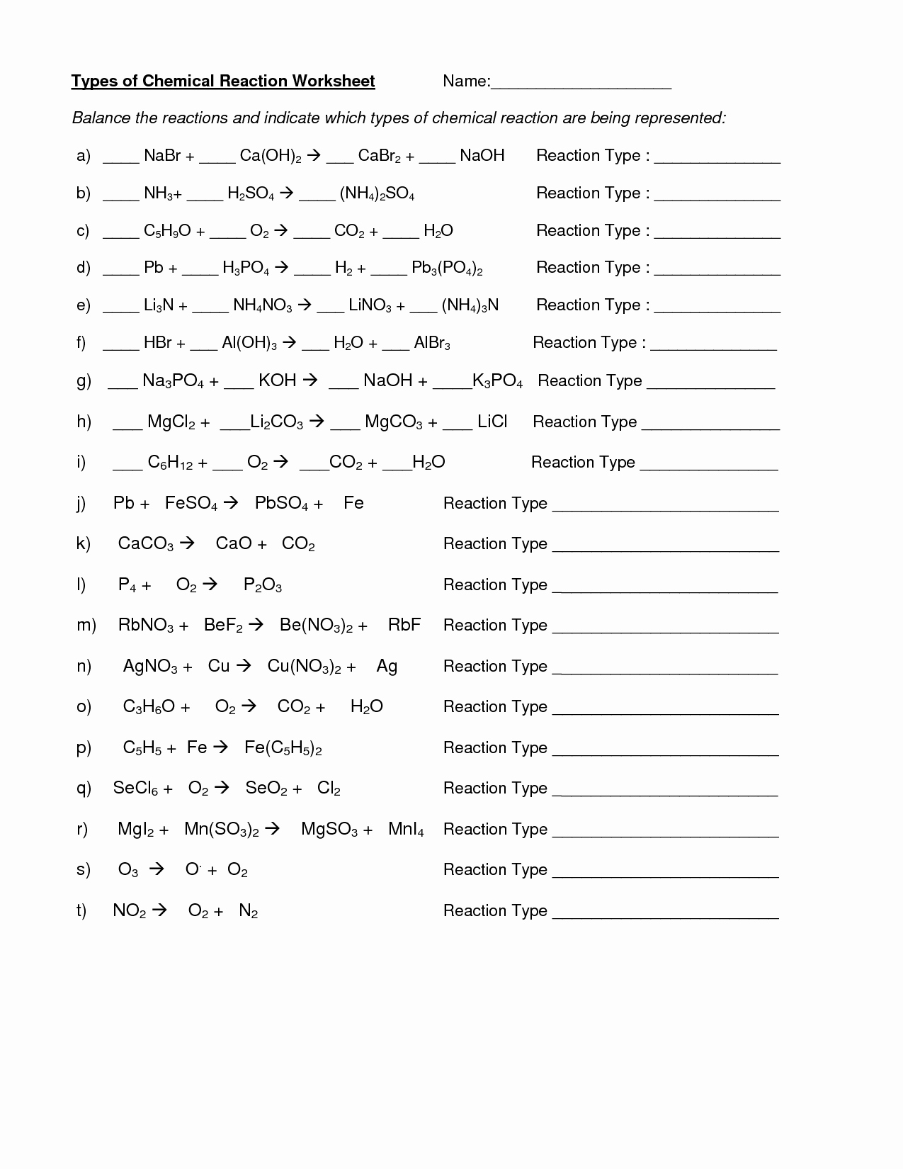 Chemical Reaction Type Worksheet New 15 Best Of Chemical Reactions Worksheet with