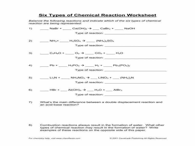 Chemical Reaction Type Worksheet New Types Chemical Reactions Worksheet Answers