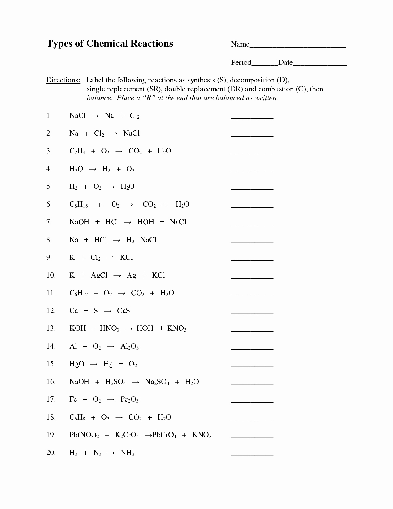 50 Chemical Reactions Types Worksheet | Chessmuseum Template Library