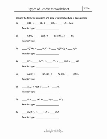 six types of chemical reaction worksheet