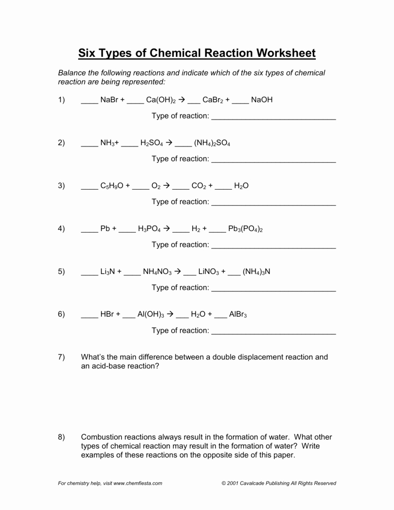Chemical Reactions Types Worksheet Unique Six Types Of Chemical Reaction Worksheet
