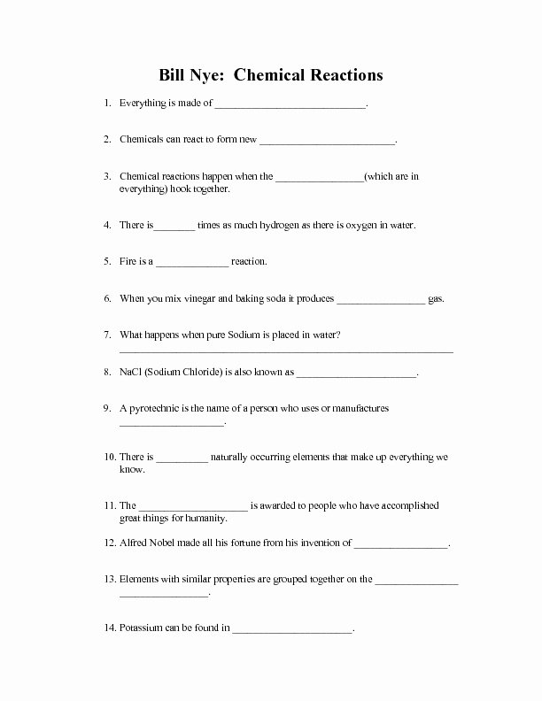Chemical Reactions Worksheet Answers Beautiful Bill Nye Chemical Reactions Worksheet for 4th 6th Grade