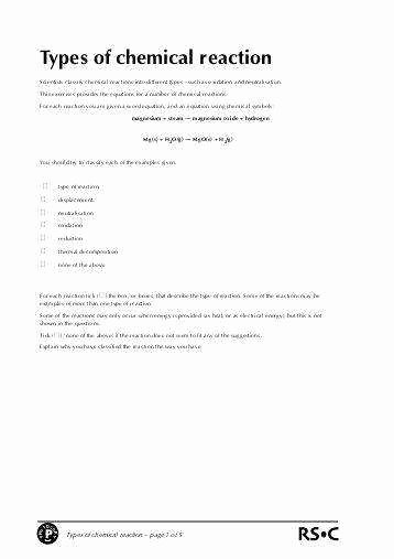 Chemical Reactions Worksheet Answers Fresh Types Chemical Reactions Worksheet Answers