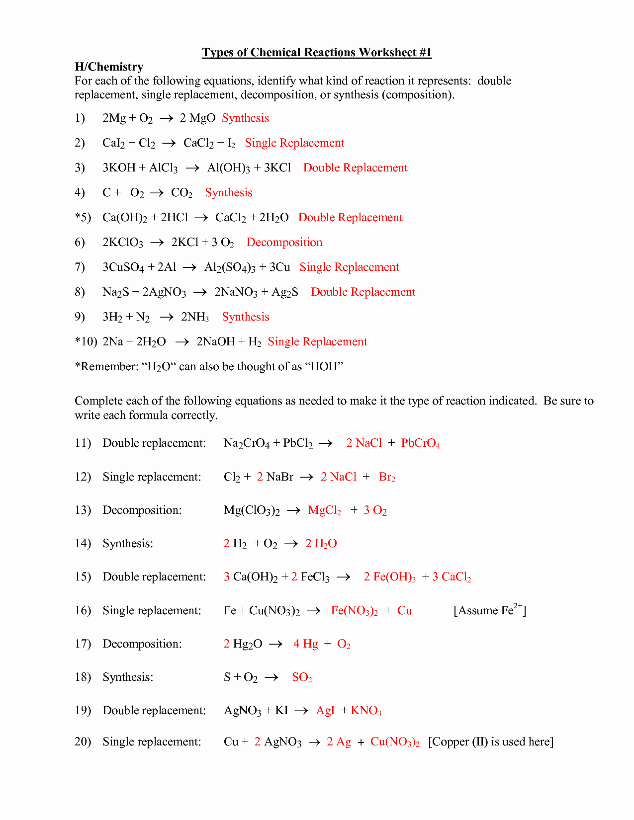 Chemical Reactions Worksheet Answers Inspirational 16 Best Of Types Chemical Reactions Worksheets