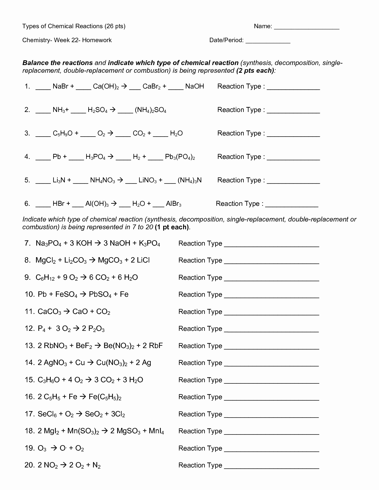 Chemical Reactions Worksheet Answers Unique 16 Best Of Types Chemical Reactions Worksheets