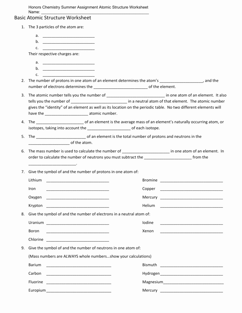 Chemistry atomic Structure Worksheet Awesome Basic atomic Structure Worksheet