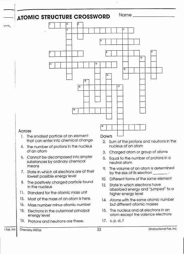 Chemistry atomic Structure Worksheet Lovely Chapter 5 Crossword atomic Structure