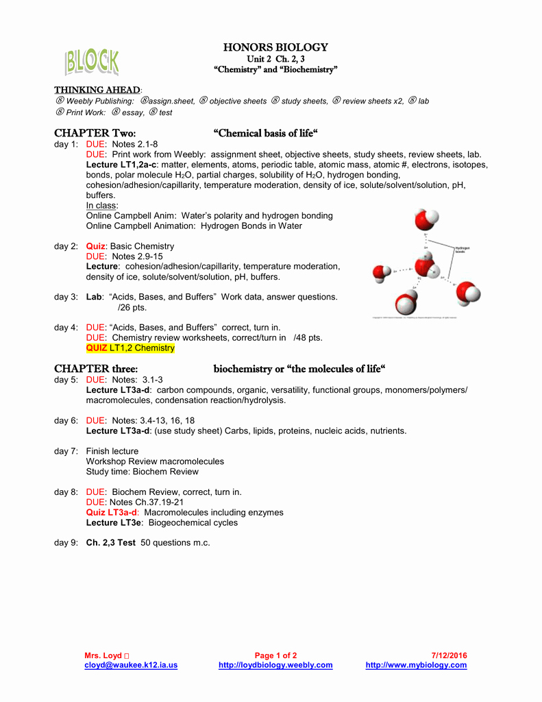 Chemistry Of Life Worksheet Best Of Honors Biology Unit 2 Ch 2 3