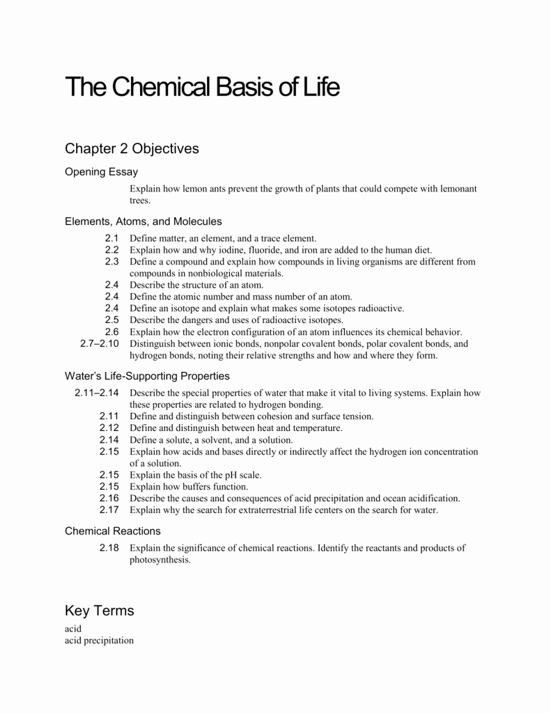 Chemistry Of Life Worksheet Lovely Ch 2 Objectives the Chemical Basis Of Life