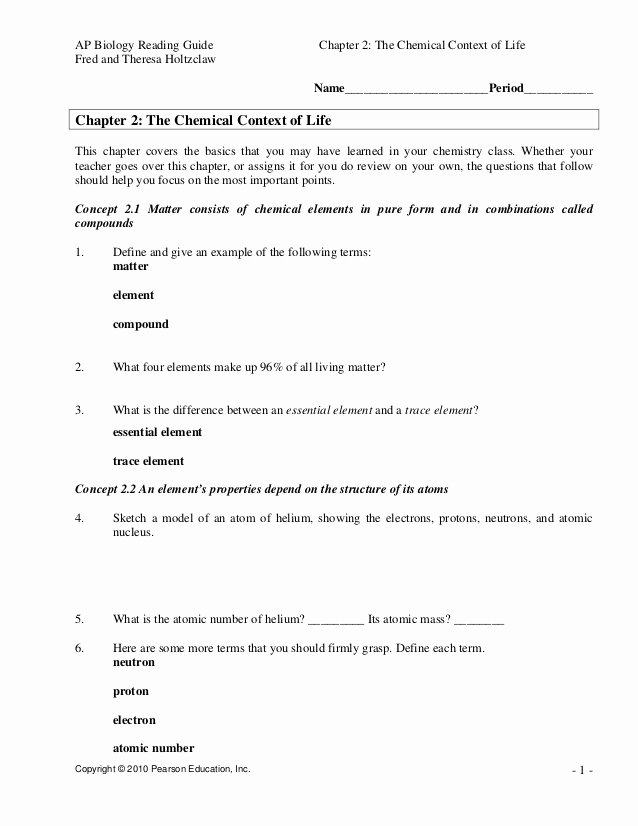Chemistry Of Life Worksheet New Chapter 2 Chemical Context Of Life