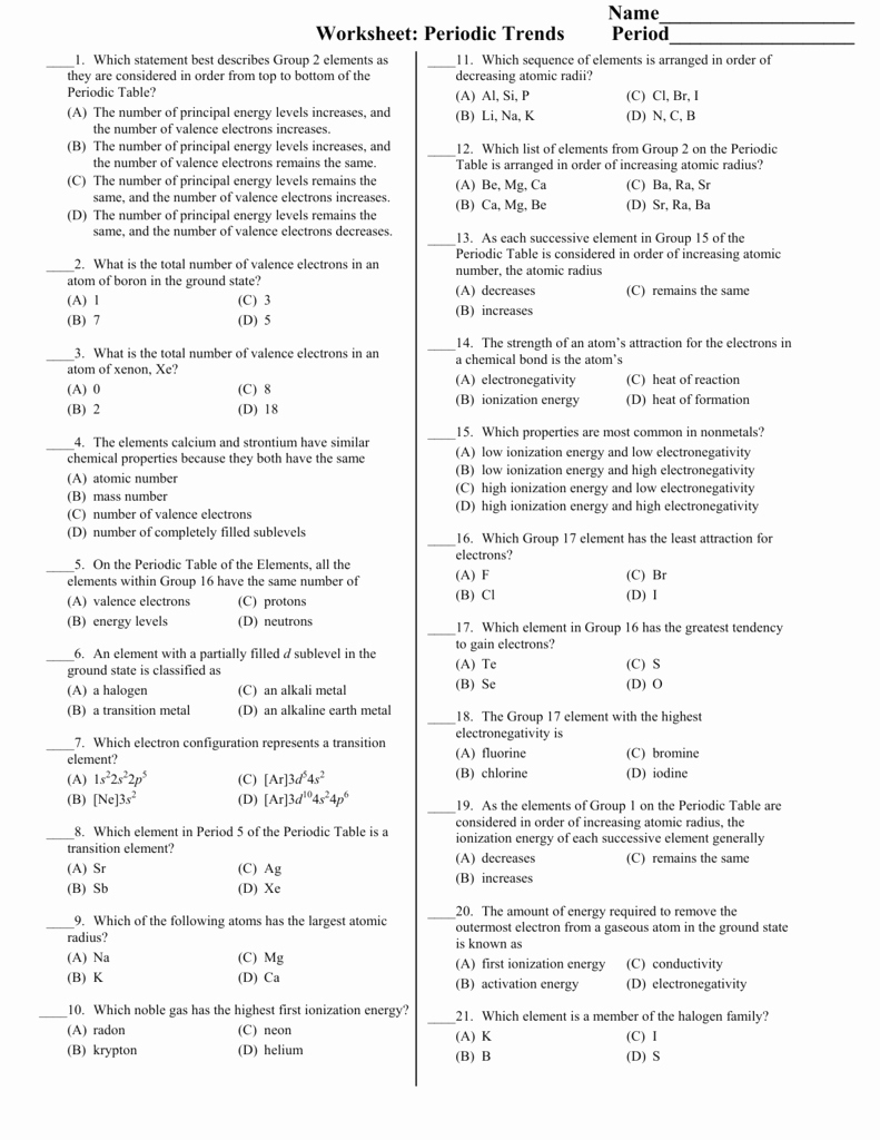 Chemistry Periodic Table Worksheet Elegant Worksheet Periodic Trends