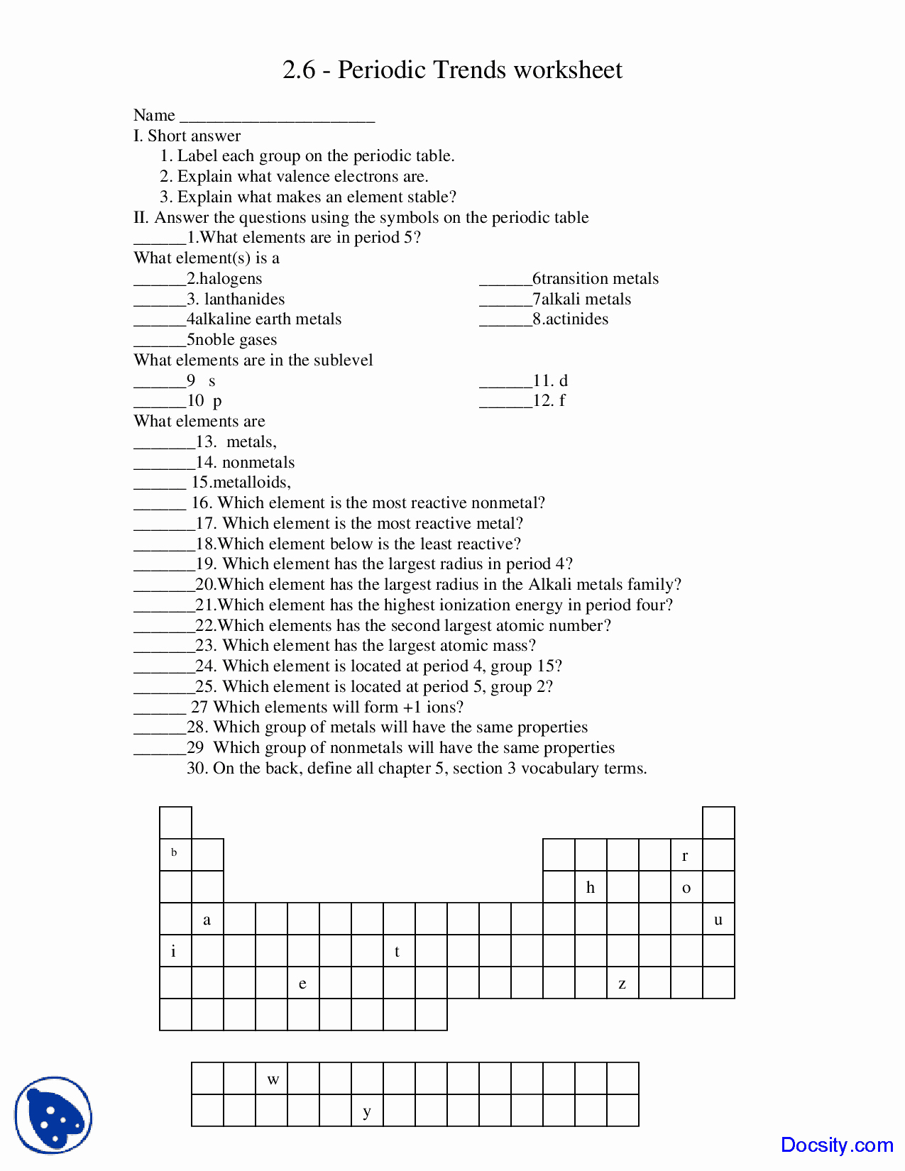 Chemistry Periodic Table Worksheet Inspirational Periodic Trends Worksheet General Chemistry Quiz Docsity