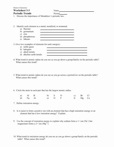 Chemistry Periodic Table Worksheet New Periodic Table Trends Worksheet Answers Chemistry A Study