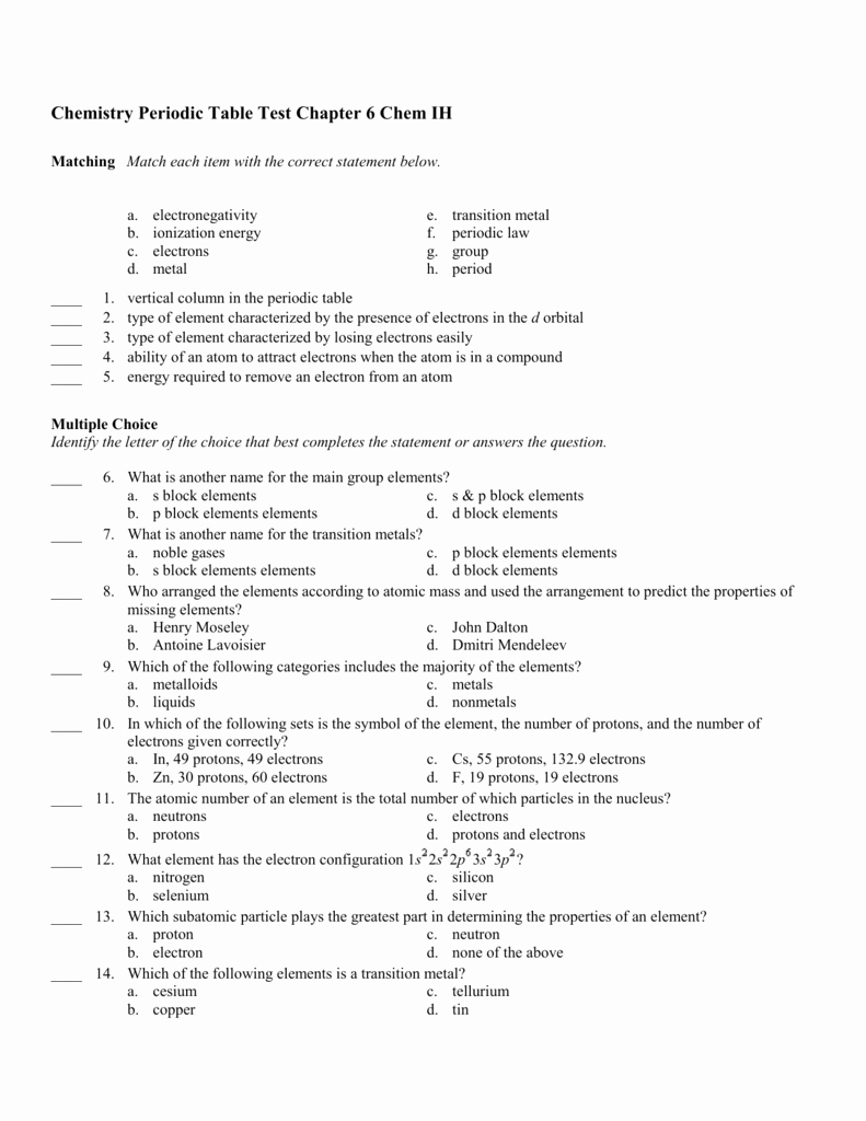 Chemistry Review Worksheet Answers Inspirational Chemistry Periodic Table Test Chapter 6 Chem Ih Matching Match