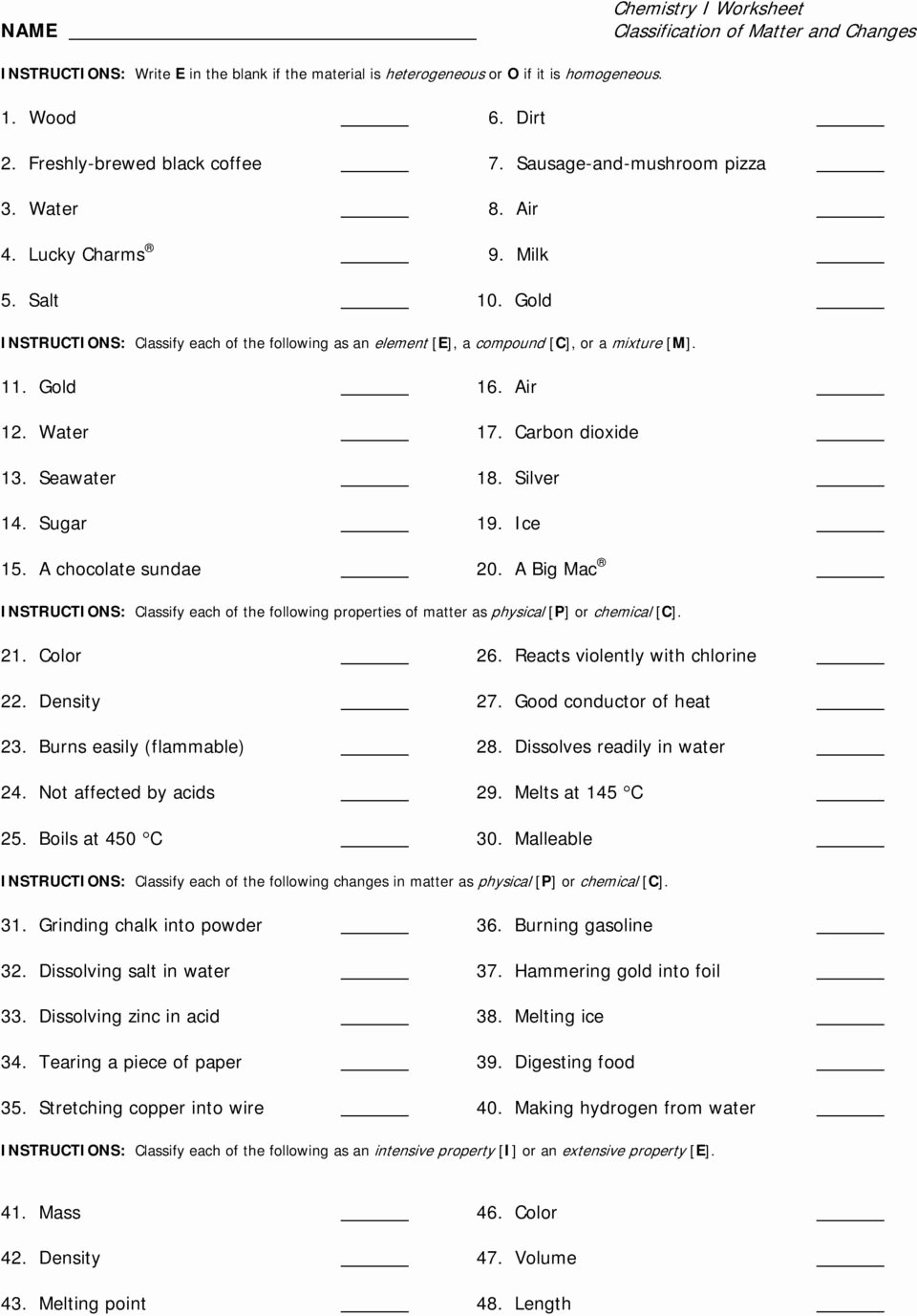 Chemistry Worksheet Matter 1 Answers Awesome solutions Worksheet 1 Classification Matter Types