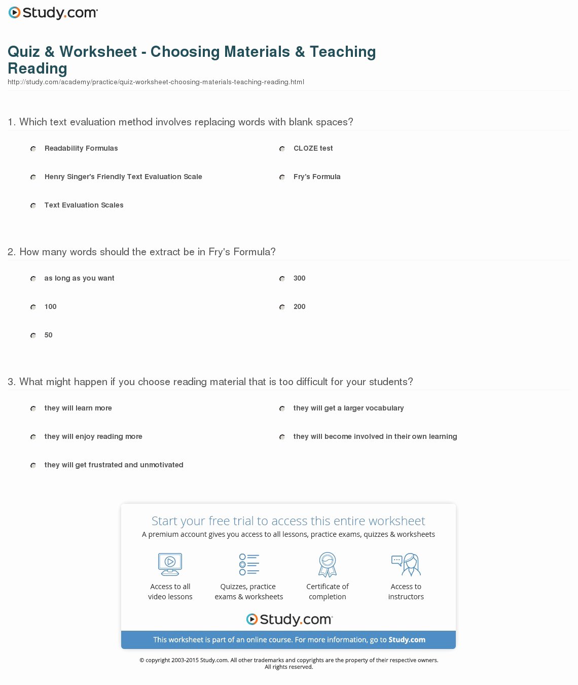 Choosing A College Worksheet Inspirational Quiz &amp; Worksheet Choosing Materials &amp; Teaching Reading