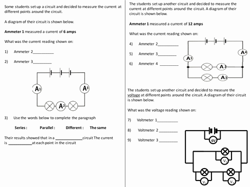 Circuits Worksheet Answer Key Beautiful Current Voltage In Circuits Questions Worksheet by