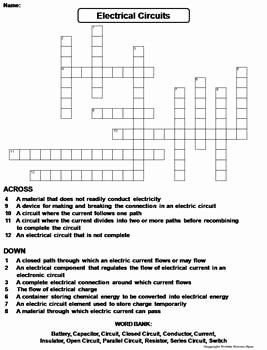 Circuits Worksheet Answer Key Best Of Electrical Circuits Worksheet Crossword Puzzle by Science