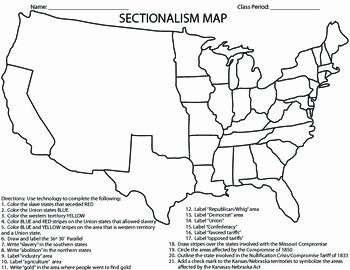 Civil War Map Worksheet Unique Civil War Sectionalism Map Homework Activity Printable by