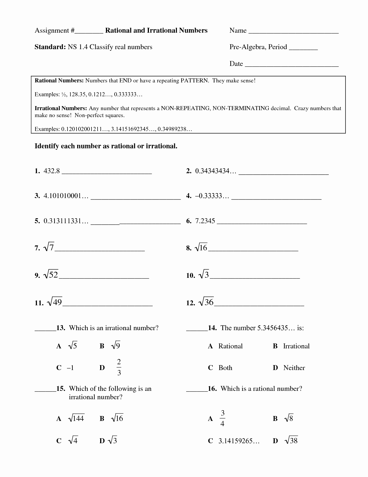 Classifying Real Numbers Worksheet