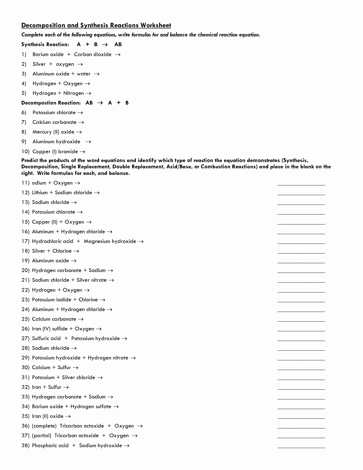 50 Classifying Chemical Reactions Worksheet Answers