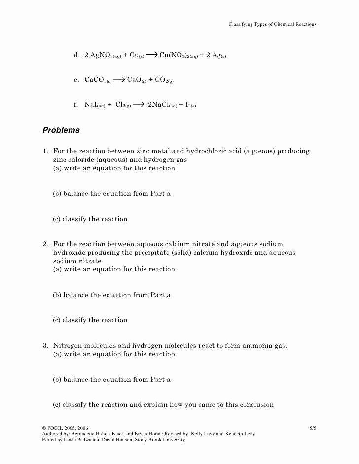 50 Classifying Chemical Reactions Worksheet Answers