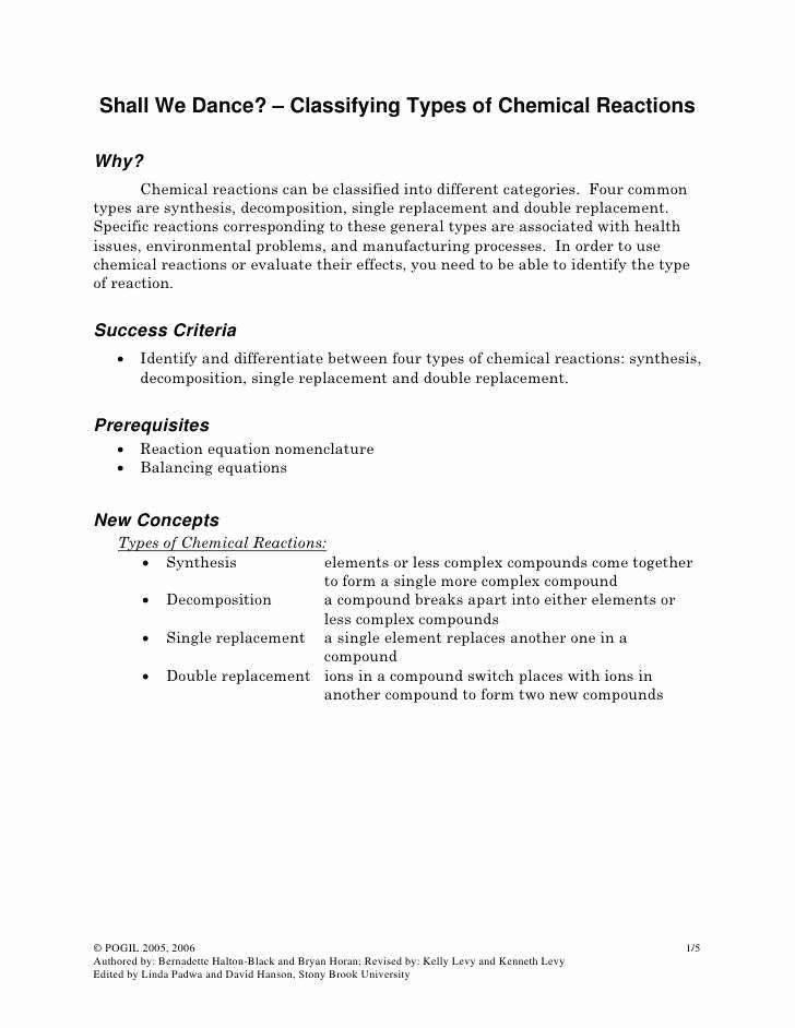 50 Classifying Chemical Reactions Worksheet Answers
