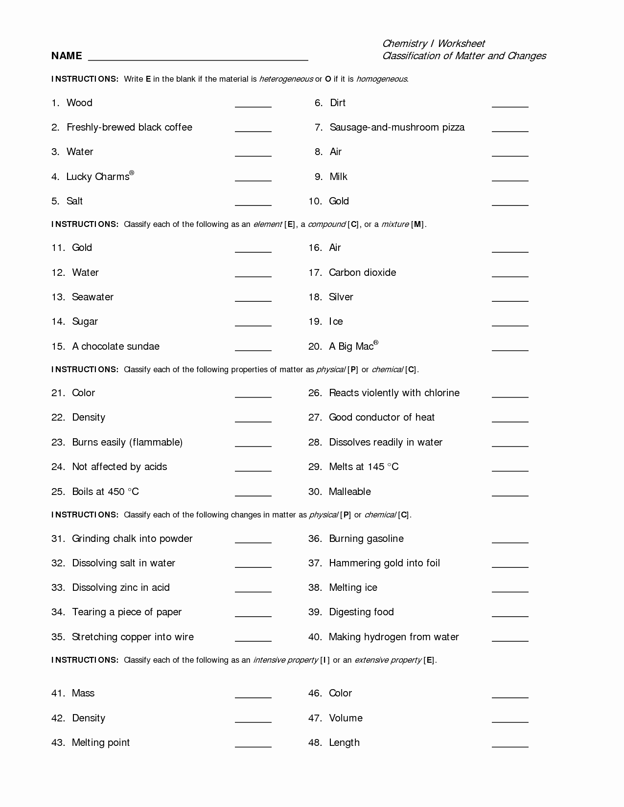 50 Classifying Matter Worksheet Answer Key
