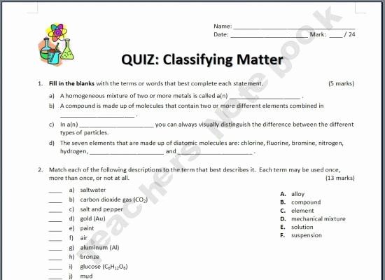 Classifying Matter Worksheet Answers Fresh Classifying Matter Quiz 9th 12th Grade