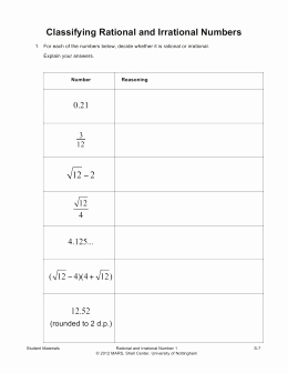 Classifying Real Numbers Worksheet New Rational or Irrational Numbers