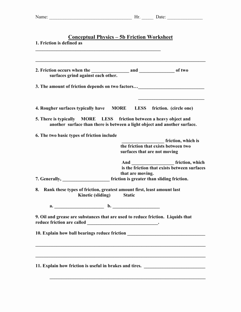 Coefficient Of Friction Worksheet Answers Unique Conceptual Physics – Friction Worksheet