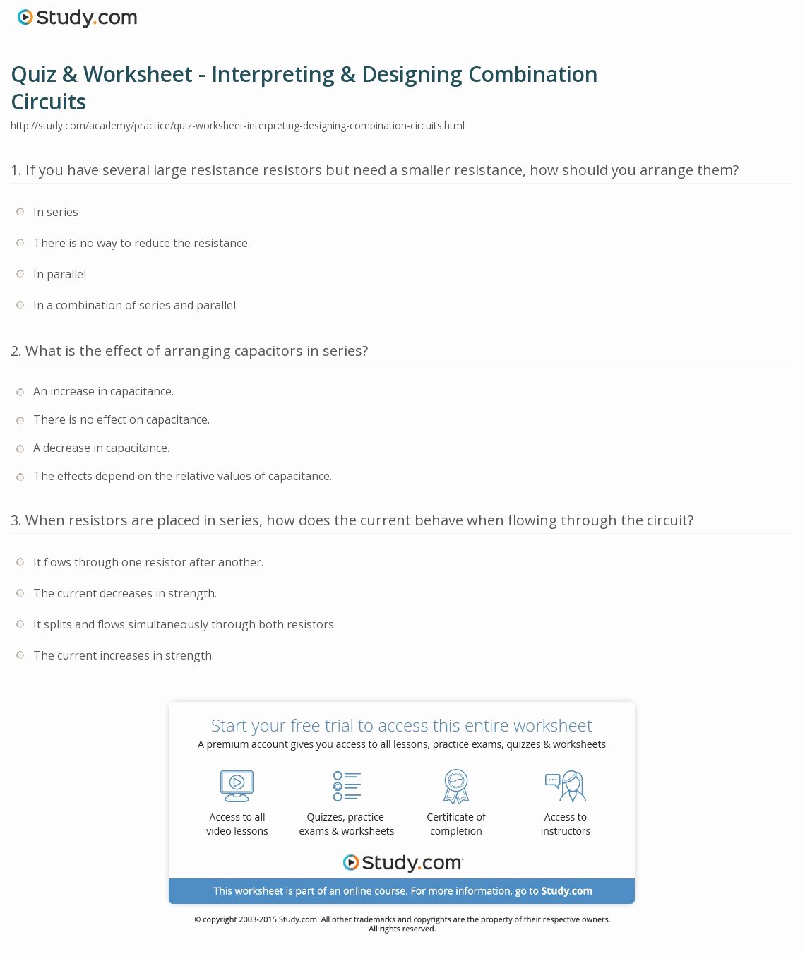 Combination Circuits Worksheet with Answers Beautiful Quiz & Worksheet Interpreting & Designing Bination