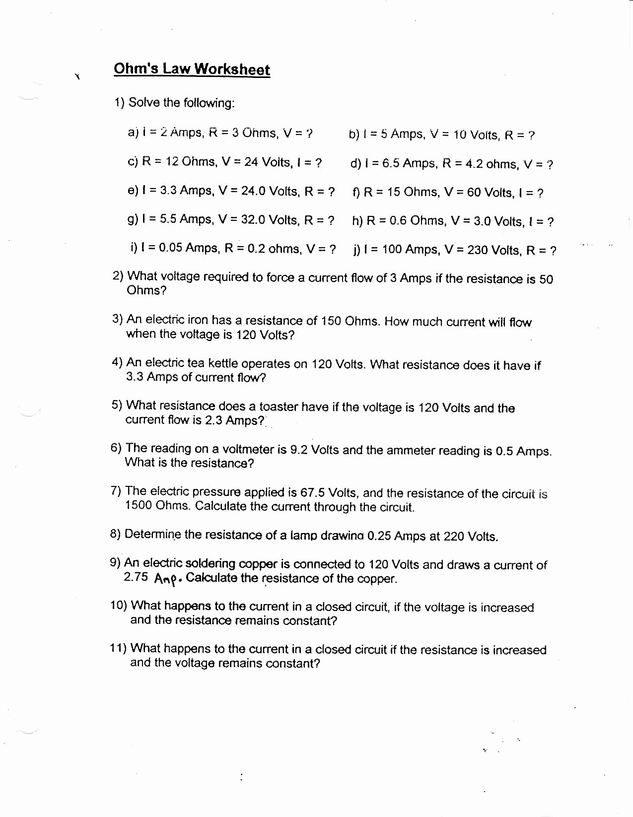 Combination Circuits Worksheet with Answers Luxury 7 Best Of Ohms Law Worksheet Middle School Ohms