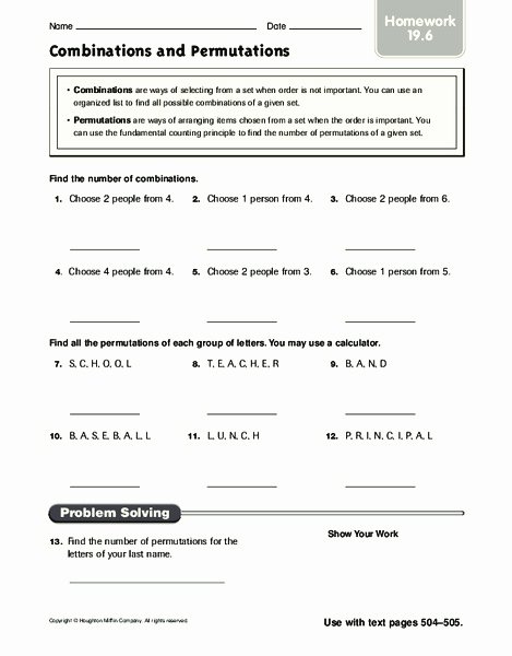 Combinations and Permutations Worksheet Awesome Binations and Permutations Worksheet for 5th 9th