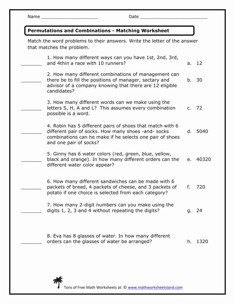 Combinations and Permutations Worksheet Fresh Permutations and Binations Matching Worksheet