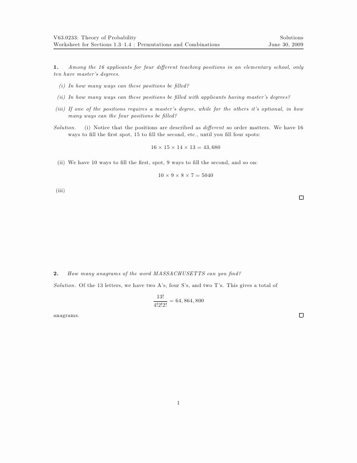 Combinations and Permutations Worksheet Inspirational Worksheet Permutations and Binations solutions