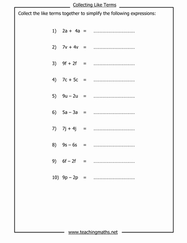 Combining Like Terms Equations Worksheet Best Of Collecting Like Terms by Teachingmaths Teaching