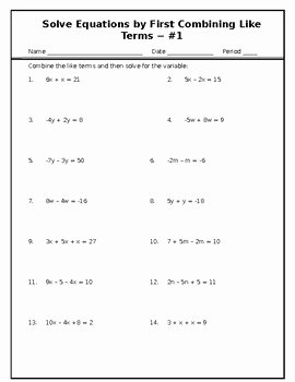 Combining Like Terms Equations Worksheet Fresh solve 1 Variable Equations Worksheets by Mary Oneil