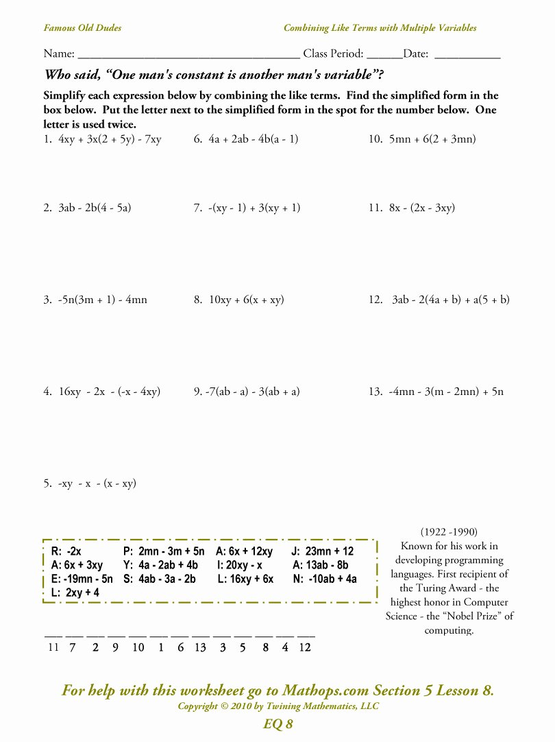 Combining Like Terms Equations Worksheet Luxury Eq08 Bining Like Terms with Multiple Variables