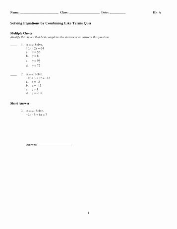 Combining Like Terms Equations Worksheet New Bining Like Terms Practice