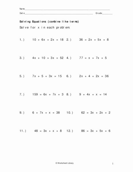 Combining Like Terms Equations Worksheet Unique solving Equations Bine Like Terms Worksheet for 5th