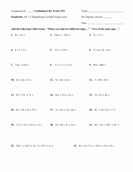 Combining Like Terms Practice Worksheet Awesome Bining Like Terms Worksheets 6th Grade