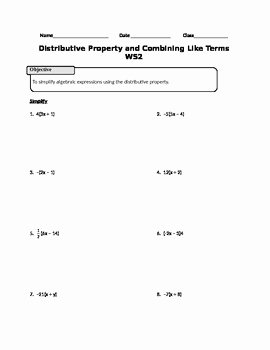 Combining Like Terms Practice Worksheet Best Of Distributive Property and Bining Like Terms Ws2 by