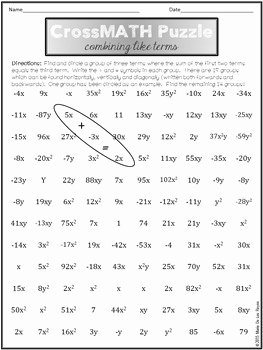 Combining Like Terms Worksheet Answers Awesome Bining Like Terms Crossmath Puzzle by Algebra Accents