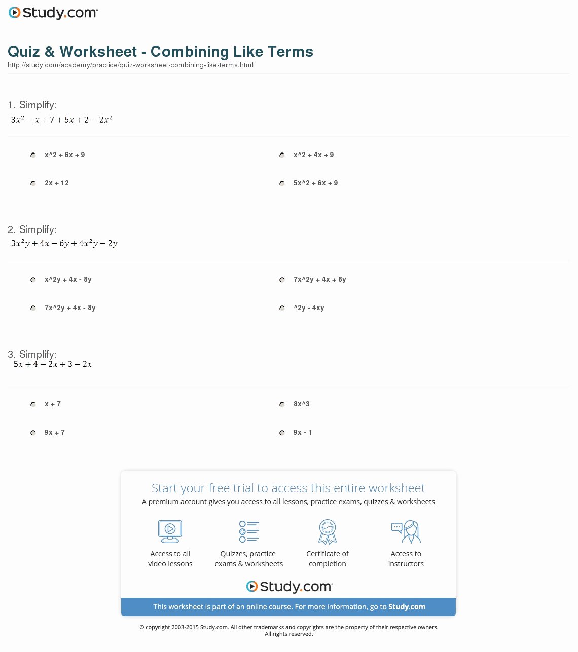 Combining Like Terms Worksheet Answers Awesome Quiz &amp; Worksheet Bining Like Terms
