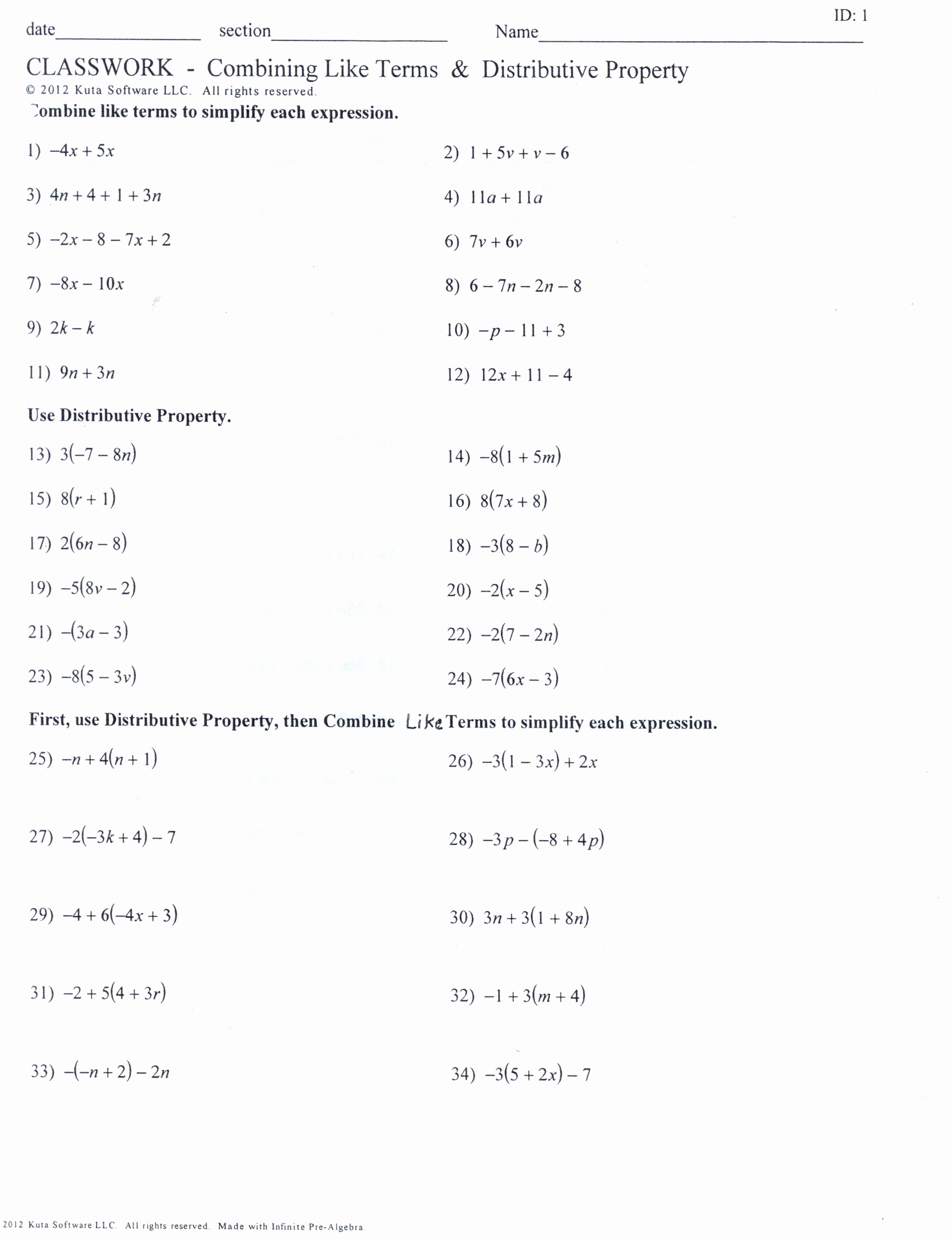 Combining Like Terms Worksheet Answers Beautiful Worksheets Bining Like Terms for 7th Grade